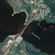 Satellite map showing the road closure passing over Pine Falls Generating Station.