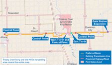 Une carte de l'itinéraire privilégié pour la ligne de transport de gaz de Dominion City à Altona.