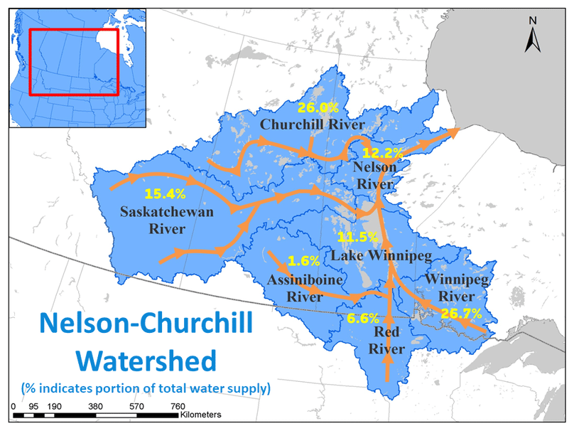 Map of watershed in Northwestern Ontario, Manitoba, Saskatchewan, Alberta, and northern US states.