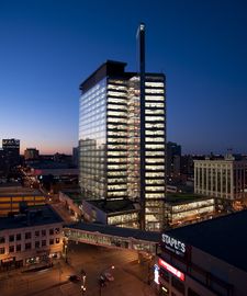 Manitoba Hydro Place at night.