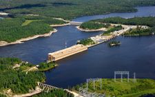 Aerial view of the Slave Falls generating station in summer.